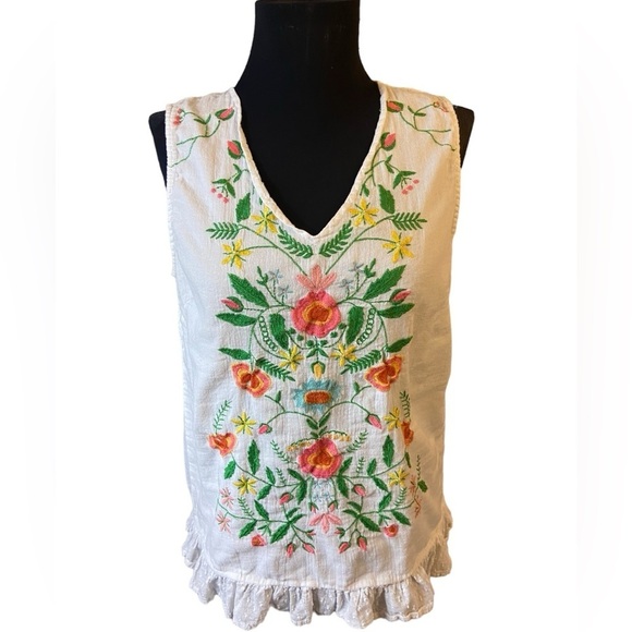 EVY’s Tree Beautiful Sleeveless Embroidered 100% Cotton Ruffled Tank Top Blouse - Picture 6 of 16